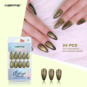 AIERFEI, el más nuevo, Ojo de gato <span class=keywords><strong>con</strong></span> purpurina dorada, prensa en las <span class=keywords><strong>uñas</strong></span>, puntas de <span class=keywords><strong>uñas</strong></span> de Gel largas en forma de almendra, <span class=keywords><strong>uñas</strong></span> acrílicas de etiqueta privada OEM - Product Image 1