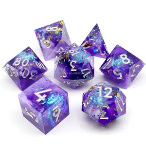 Customized 7 Piece Sharp Edge Polyhedral Handmade Resin Dice Set-Purple Crystalines
