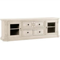 Buffet d'appoint blanc antique de style provincial français, 4 tiroirs, portes vitrées, console multimédia en bois sculpté à la main pour salon