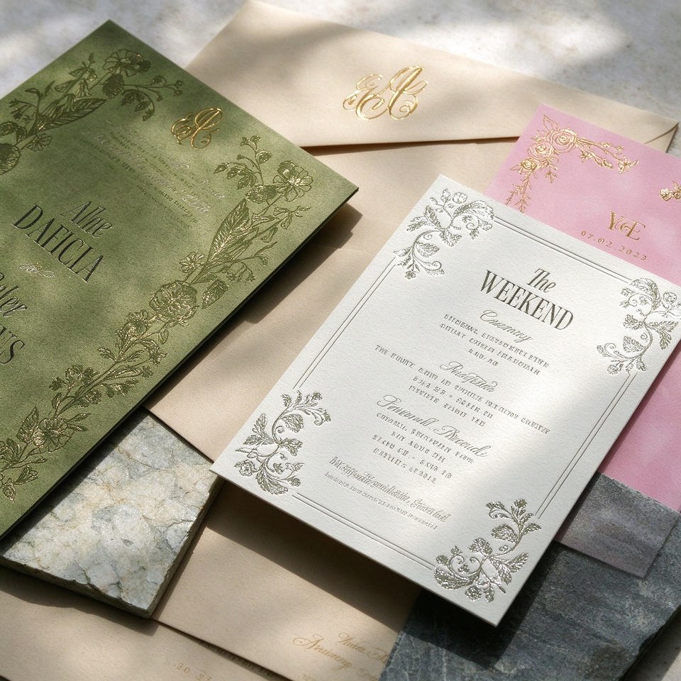 Custom Botanical Floral Letterpress Wedding Invitation Suite Gold Foil ...