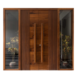 Puerta de Entrada Doble Clásica de Madera Maciza para Exterior con Paneles Laterales de Vidrio y Diseño de Franjas Decorativas GA-51S Villa Manual Swing - Product Image 3
