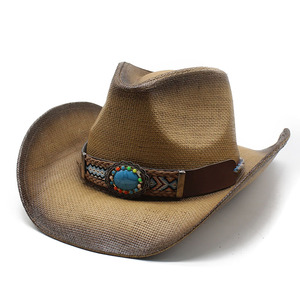 Sombrero de <span class=keywords><strong>Vaquero</strong></span> de Paja Estilo Veraniego con Protección Solar para Hombre y Mujer, <span class=keywords><strong>Pintado</strong></span> con Spray, Estilo Occidental - Product Image 1