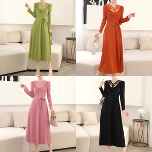 Vestido Midi Plisado Miyake con Cinturón, Vestidos Modestos de Manga Larga para <span class=keywords><strong>Mujer</strong></span>, para Iglesia, Color Sólido, Holgado, Casual, Tallas Grandes - Product Image 2