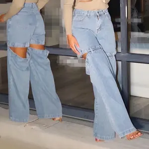 Nova Moda Única Casual Lavado Straight Cut Design Calças de Carga Perna Larga Calças Blue Denim Senhora Jeans Das Mulheres