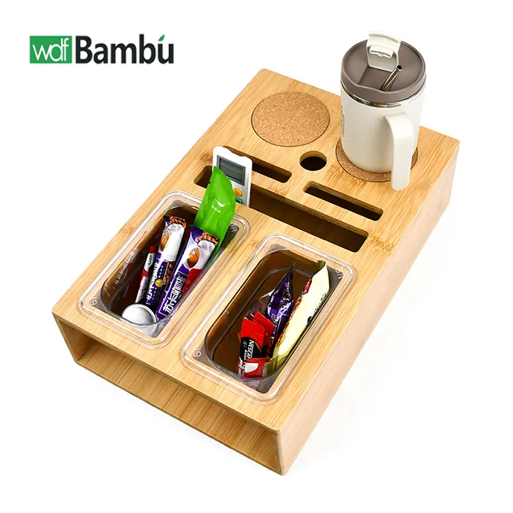 Wdf Nieuwe Aankomst Bank Arm Tafel Console Buddy Organizer Coaster Caddy Bamboe Bank Cup Houder Lade