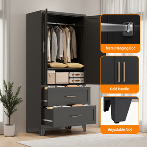 71" Tall Modern Metal <b>Wardrobe</b> Cabinet with Drawers <b>Hanging</b> Rod Doors 3 Shelves-Extendable for Bedroom Office & Foyer (Black) - Product Image 3