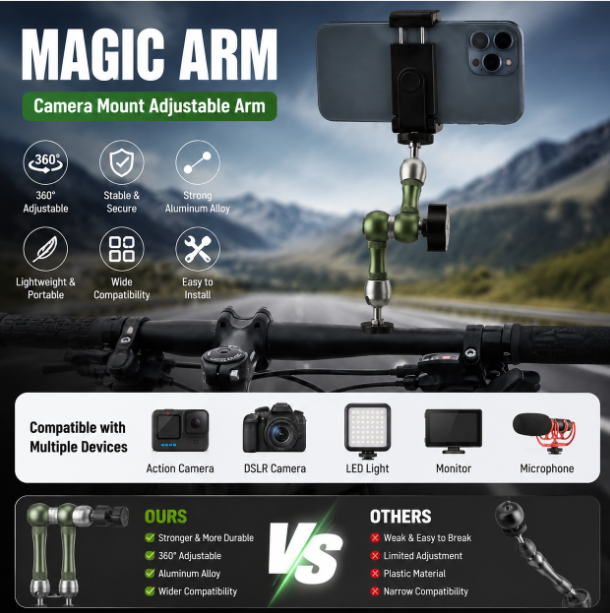 360 Rotatable Magic Arm Aluminum Alloy Dual Ball Head Extension Bracket for DSLR Monitor LED Light Microphone Vlogging Gear