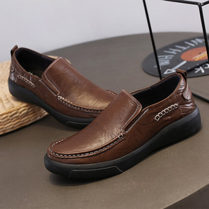 Mocassins pour hommes en cuir de vache, bout rond, chaussures décontractées confortables, couleur unie, semelle extérieure en caoutchouc - Product Image 3