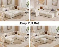 Sofá Cama Modular Seccional con Cama Extraíble, Sofá en Forma de L de 7 Plazas con Tapicería de Chenilla, Otomana con Almacenamiento, Portavasos USB y Mesa Lateral