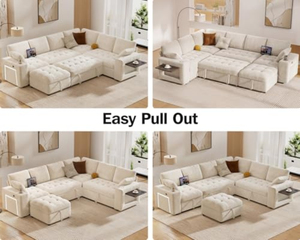 Canapé modulaire sectionnel avec lit escamotable, 7 places, en chenille, en forme de L, avec ottoman de rangement, porte-gobelets USB, table d'appoint - Product Image 4