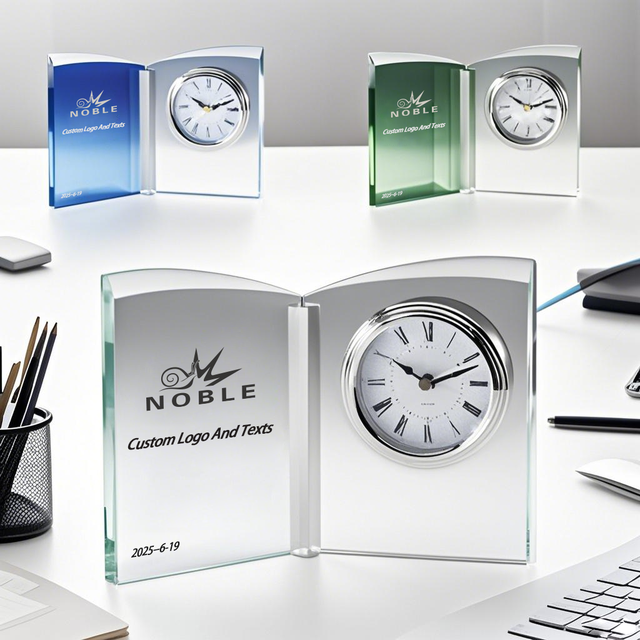 Noble Manufacturer Crystal Glass Clock Business Gift Customized Bespoke Logo Office Decoration Trophy Award Hand Craft