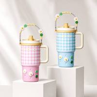 Gobelet isotherme YEKEA pour enfants, 30 oz, motif à carreaux, poignée fleur marguerite, en acier inoxydable à double paroi, isolé sous vide, sans BPA
