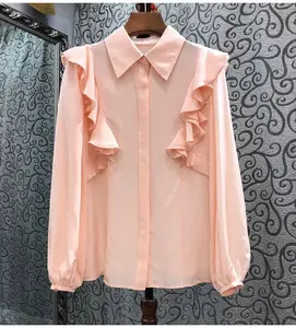 100%Silk Shirts 2023 Spring Summer Style Women Turn-down Collar Ruffle Floral Deco Long Sleeve Elegant Pink Yellow Black Blouse