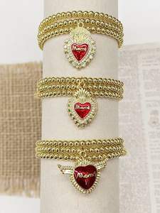 Linda Pulsera con Colgante en Forma de Corazón CZ Momma, Pulsera con Módulo de Colgante CZ Momma en Oro, Accesorio CZ Momma, Pulsera Elástica con Cuentas - Product Image 3