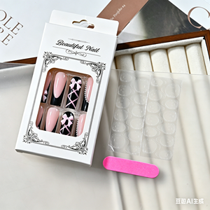 24 <span class=keywords><strong>Uñas</strong></span> Postizas Largas Cuadradas <span class=keywords><strong>con</strong></span> Líneas, Diseño 3D <span class=keywords><strong>de</strong></span> Lazo y Flor, Accesorios Brillantes <span class=keywords><strong>con</strong></span> Diamantes, <span class=keywords><strong>Uñas</strong></span> Postizas Estilo Francés Negro - Product Image 3