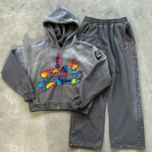 Kustom Streetwear batu permata Hoodie berlian buatan asam cuci Vintage matahari pudar Dtg cetak berat Hoodie Set tracksuit untuk pria - Product Image 1
