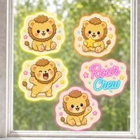 Autocollants personnalisés imperméables en PVC vinyle, motif lion et étoile Kawaii, autocollant décoratif électrostatique imprimé UV pour fenêtre et mur en verre