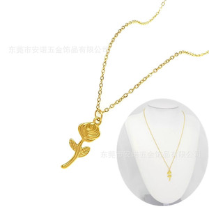 Collier pendentif rose en acier inoxydable plaqué or 18 carats, design floral, pour cadeau, bijoux tendance - Product Image 1