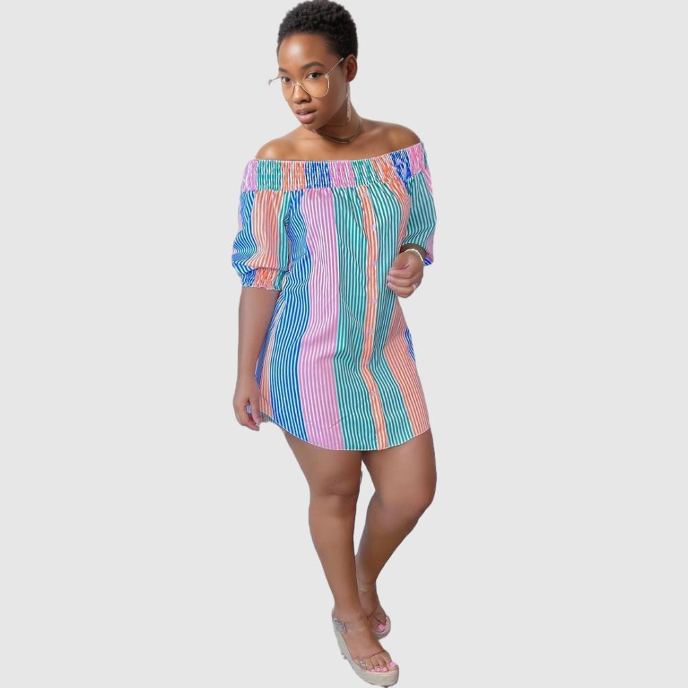 striped off the shoulder shirt dress Claudia Striped Off Shoulder Collared Belted Sleeveless Shirt Dress in Cotton M