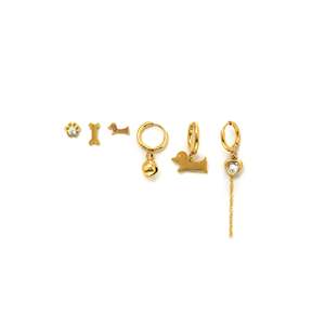 Boucles d'oreilles créoles et puces d'oreilles en acier inoxydable plaqué or avec breloques animales, pendentif chien en cristal en forme de patte et d'os, ensemble de bijoux tendance - Product Image 1