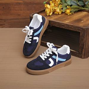 Womens <strong>Navy</strong> Blue Microfiber Casual Sneakers Retro Style Lace up Shoes with a Gum Sole for Everyday Fashion and School Wear - Product Image 1