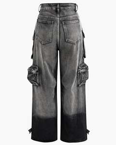 Pantaloni Jeans <span class=keywords><strong>Cargo</strong></span> da <span class=keywords><strong>Donna</strong></span> Autunno Inverno Multitasche Grandi Larghi, Sexy a Vita Alta Stile Streetwear Casual Dritti in Denim - Product Image 3