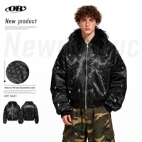 Blouson Bomber en Toile Enduite Rembourré Coton, Col en V, Motif Montagne Sombre, Fermeture Éclair Crochetée, Teint Uni, Style Industriel Lourd