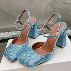 Large Size 45 Women Square Toe Rhinestone Mary Jane Sandals Candy Colors Banquet Party Chunky High Heels Wide Fit Satin Shoes