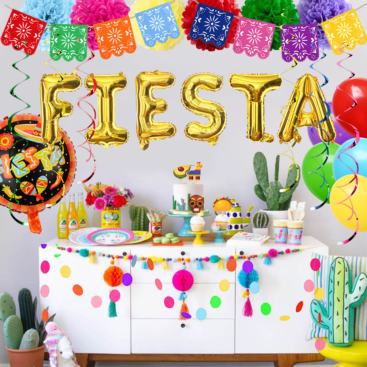 nicro fiesta主题派对装饰para fiestas横幅气球纸花环蛋糕顶部漩涡节