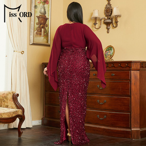 Contrast Color Mermaid Wine <strong>Red</strong> Chiffon <strong>Sequin</strong> Long Elegant Plus Size Evening Dress - Product Image 2