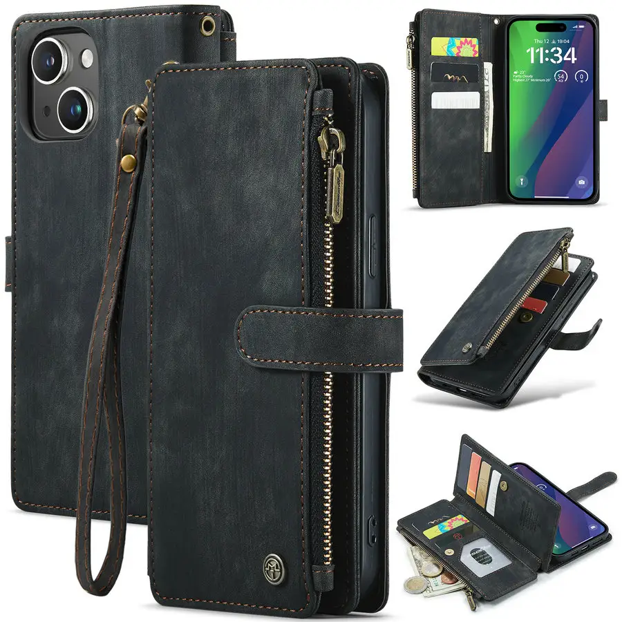 CaseMe étui portefeuille multifonctionnel en cuir pour iPhone 15 Plus chargement sans fil étui à rabat magnétique en métal puissant pour iPhone 15 Plus