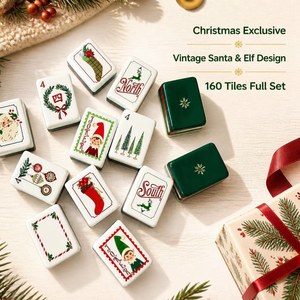 Jeu de tuiles de Mahjong américain vintage de luxe, motif Père Noël et rennes, 160 pièces, en acrylique vert de Noël gravé, antidérapant avec tapis, cadeau - Product Image 6