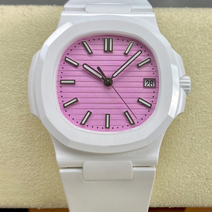 Montre de luxe personnalisée pour homme et femme, boîtier octogonal en céramique, cadran rayé rose, affichage de la date, montre sport, montre intemporelle - Product Image 1
