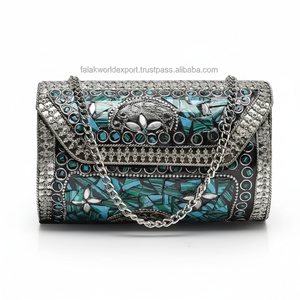 Elegant Mosaic Metal Clutch Bag with <b>Mother</b> <b>of</b> <b>Pearl</b> Stone Handmade Antique Ethnic Design with Metal Chain By Falak World Export - Product Image 1