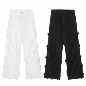 Jean blanc bord brut à franges pantalon de rue haute marque à la mode ruffian frit street men micro pantalon droit évasé en gros