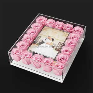 Boîte à fleurs en acrylique rectangle personnalisée avec support de cadre photo boîte murale Lucite rose avec cadre photo