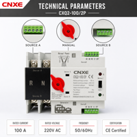 Commutateur de transfert automatique monophasé (ATS) CNXE CXQ2-100/2P 100A de qualité PC 220VAC 50/60Hz pour alimentation réseau, générateur et solaire