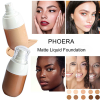 Fond de teint liquide longue tenue, haute qualité, vegan, couvrance totale, marque privée, résistant à l'eau, avec pinceau applicateur.