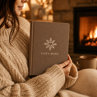 Carnet de bien-être hivernal LABON personnalisé avec couverture en lin brodée, plan d'autosoins, suivi de l'humeur, papeterie marron