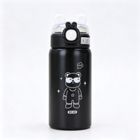 Bouteille d'eau isotherme en acier inoxydable pour enfants, avec paille et couvercle à ressort, motif ours de dessin animé, isolation thermique 12-24 heures