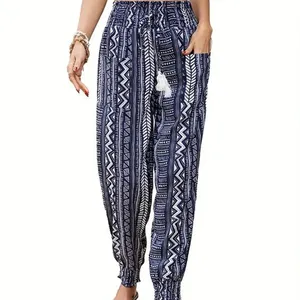 Women's Summer Long Pants Elastic Waist Breathable Anti-Wrinkle Ethnic Style Printed High-Waist Design plus size men's pants