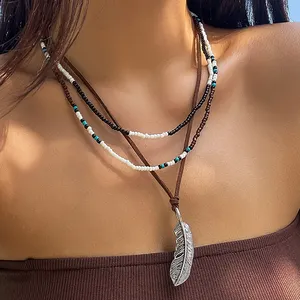 2024 Fashion Jewelry European vintage women's beaded pendant necklace retro jewelry women's metal tassel leaf layered necklace