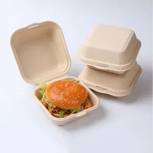 Kustom 6X6 Inci Mengambil Kemasan Makan Siang Kentang Goreng Wadah Makanan Cepat Saji Biodegradable Clamshell Bagasse Hamburger Tebu Kotak Burger