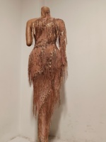 Robe de soirée asymétrique à paillettes dorées et strass, tenue de spectacle pour femme, robe de danseuse, tenue de festival, robe de soirée en club