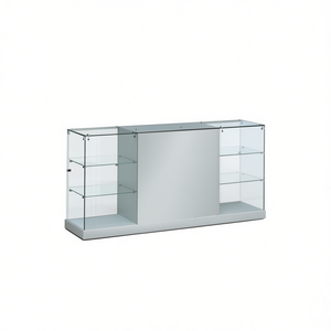 Vitrine moderne en verre de 185 cm de large, gris clair, avec portes à charnières verrouillables et deux étagères latérales - Product Image 2