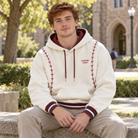 Sweat à capuche crème pour homme avec doublure contrastante, bordure côtelée rayée, poche kangourou, style preppy décontracté, logo personnalisé, vente en gros OEM ODM