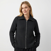 Cardigan en laine tricoté à manches longues pour femme, motif uni, col en V, gris, anti-rétrécissement, avec fermeture éclair, collection automne