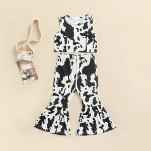 2022 Toddler girl clothing set vest tops+cow pattern print flared pants two-pieces outfits kids clothes girl outfits