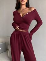 Pakaian Santai Wanita 2 Potong Atasan Crop Henley V-Neck Kancing Lengan Panjang Celana Panjang Pinggang Tinggi Tali Serut dengan Saku