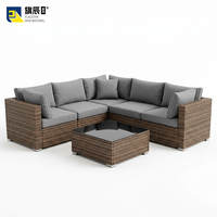 Ensemble de canapé d'extérieur modulaire en rotin tressé en forme de L avec table basse et 5 coussins pour patio